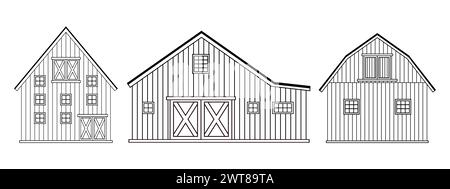 Set of black wite doodle cartoon alone wooden barn houses, roofs, windows and doors with crossed white boards. Vector Outline isolated hand drawn Stock Vector