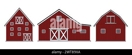 Set of doodle cartoon alone red wooden barn house, roof, windows and doors with crossed white boards. Vector Outline isolated hand drawn illustrations Stock Vector