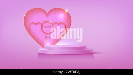 Mother's Day banner, 3d stage podium decorated with gold heart shape. Pedestal scene for product, advertising, show, mom ceremony, isolated on pink Stock Vector