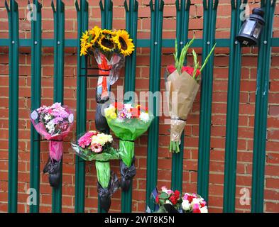 Floral tributes at the scene of a fatal road traffic accident. Stock Photo