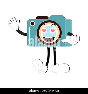 Camera Retro Mascot Character cartoon, camera mascot is smiling and with thumbs up. Vector hand drawn illustration Stock Vector