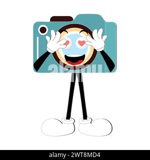Camera Retro Mascot Character cartoon, camera mascot is smiling and with thumbs up. Vector hand drawn illustration Stock Vector