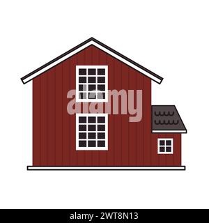 Flat cartoon red wooden barn house, gray roof, big windows with boards. Vector Outline isolated hand drawn illustration on white background, front Stock Vector