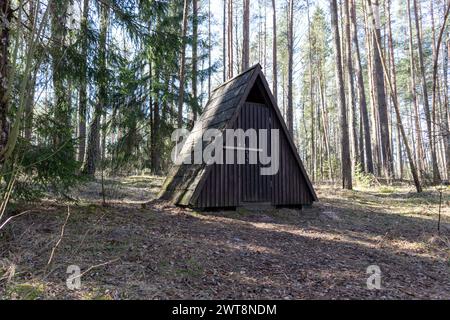 A small triangular wooden house in the middle of the forest Stock Photo