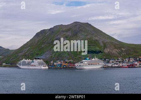 Honningsvag, Norway - 15 July 2023: Two cruise ships in Honningsvag village Stock Photo