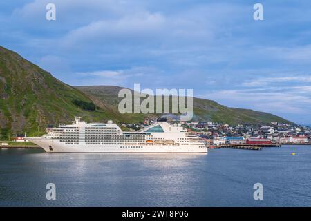 Honningsvag, Norway - 15 July 2023: Seabourn Ovation cruise ship in Honningsvag village in the north of Norway Stock Photo