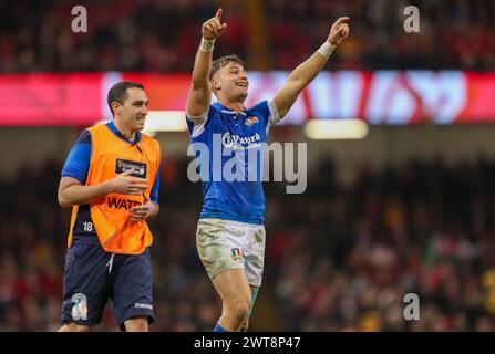 Cardiff, UK. 16th Mar, 2024. 16th March 2024; Principality Stadium, Cardiff, Wales: Six Nations International Rugby, Wales versus Italy; Lorenzo Pani of Italy celebrates at the final whistle after his side won 21-24 Credit: Action Plus Sports Images/Alamy Live News Stock Photo