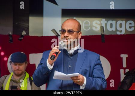 London, UK. 16th March 2024. Maswood Ahmed, Assistant Secretary General of the Muslim Council of Britain, gives a speech outside the Home Office during the march against racism, Islamophobia and antisemitism. Credit: Vuk Valcic/Alamy Live News Stock Photo