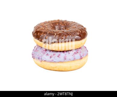 Two donuts with fruit and chocolate glaze on top of each other on a white background Stock Photo