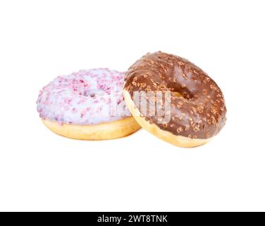 Two donuts with chocolate and fruit icing isolated on white background Stock Photo