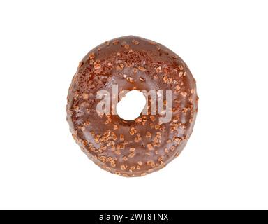Beautiful donut with chocolate icing isolated on white background, top view Stock Photo