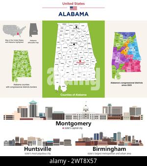 Alabama's counties map and congressional districts since 2023 map. Montgomery skyline (state's capital city), Huntsville and Birmingham — state's  lar Stock Vector