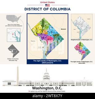 Map of wards and neighborhoods in District of Columbia. City skyline of Washinton, D. C. Stock Vector