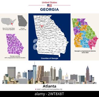 Georgia counties map and congressional districts since 2023 map. Atlanta skyline — state's capital and most populous city. Vector set Stock Vector