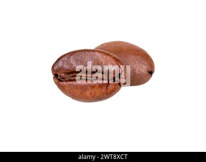 Two roasted Arabica coffee beans close-up isolated on white background Stock Photo