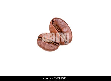 Two roasted Arabica coffee beans close-up isolated on white background Stock Photo
