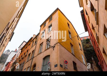 Lyon, France - January 26, 2022: Street view and buildings in Lyon, Rhone-Alps, France. Stock Photo