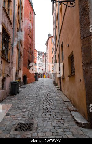 Street view and buildings in the old town of Lyon, Vieux Lyon, France. Stock Photo