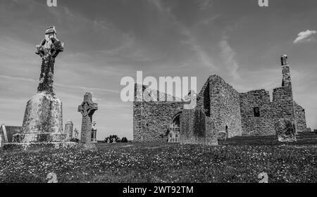 Clonmacnoise was founded in 545 by St Ciarán where the main east-west roads of the time met, across the moors of central Ireland to Eiscir Riada. Stock Photo