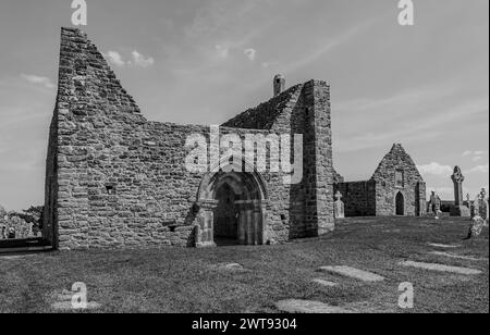 Clonmacnoise was founded in 545 by St Ciarán where the main east-west roads of the time met, across the moors of central Ireland to Eiscir Riada. Stock Photo