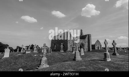 Clonmacnoise was founded in 545 by St Ciarán where the main east-west roads of the time met, across the moors of central Ireland to Eiscir Riada. Stock Photo