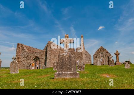 Clonmacnoise was founded in 545 by St Ciarán where the main east-west roads of the time met, across the moors of central Ireland to Eiscir Riada. Stock Photo