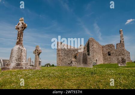 Clonmacnoise was founded in 545 by St Ciarán where the main east-west roads of the time met, across the moors of central Ireland to Eiscir Riada. Stock Photo