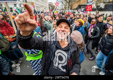 London, UK. 16th Mar, 2024. Dancing to House against Hate who create a mini rave outside the gates of Downing Street in Whitehall - A Stop Racism, Stop the Hate demonstration in London. It was organised by Stand Up To Racism. Credit: Guy Bell/Alamy Live News Stock Photo