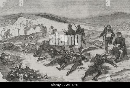 Franco-Prussian War (1870-1871). Battle of Sedan (1-2 September 1870). The Prussian army defeated and captured the entire French army, including Emperor Napoleon III who took part in the battle and surrendered his army. Burial of the bodies of Prussian soldiers after the battle. Engraving. 'Historia de la Guerra de Francia y Prusia' (History of the War between France and Prussia). Volume II. Published in Barcelona, 1871. Stock Photo