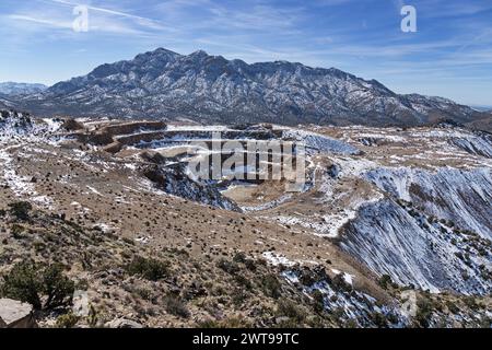 Clark Mountain and the northern part of the Colosseum Open Pit mine in the winter with snow Stock Photo