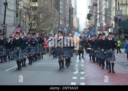 New York, United States. 16th Mar, 2024. A general view shows the historic 236th anniversary St. Patrick's Day Parade as it marches down Fifth Avenue in Manhattan, New York, on March 16, 2024. The St. Patrick's Day Parade is the oldest in the world, dating back to 1762. (Photo by Deccio Serrano/NurPhoto) Credit: NurPhoto SRL/Alamy Live News Stock Photo