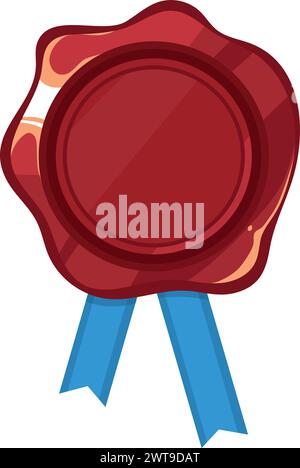 Red rubber seal with blue ribbon. Cartoon wax Stock Vector