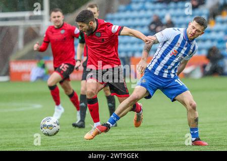 Kilmarnock, UK. 16th Mar, 2024. Kilmarnock FC played St Mirren FC at Rugby Park, Kilmarnock, Ayrshire, Scotland, UK in an important Scottish Premiership match. The final score was Kilmarnock 5 - 2 St Mirren. The scorers for Kilmarnock were Kyle Vassell (Kilmarnock 9) 61 mins and 73 mins, Daniel Armstrong (Kilmarnock 11) 65 mins, penalty, Marley Watkins (Kilmarnock 23) 68 mins and Daniel Watson (Kilmarnock 12) 79 mins. The scorers for St Mirren were Charles Dunne (St Mirren 18) 20 mins and Mikael Mandron (St Mirren 9) 39 mins. Credit: Findlay/Alamy Live News Stock Photo