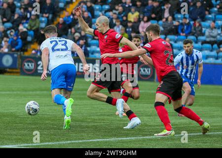 Kilmarnock, UK. 16th Mar, 2024. Kilmarnock FC played St Mirren FC at Rugby Park, Kilmarnock, Ayrshire, Scotland, UK in an important Scottish Premiership match. The final score was Kilmarnock 5 - 2 St Mirren. The scorers for Kilmarnock were Kyle Vassell (Kilmarnock 9) 61 mins and 73 mins, Daniel Armstrong (Kilmarnock 11) 65 mins, penalty, Marley Watkins (Kilmarnock 23) 68 mins and Daniel Watson (Kilmarnock 12) 79 mins. The scorers for St Mirren were Charles Dunne (St Mirren 18) 20 mins and Mikael Mandron (St Mirren 9) 39 mins. Credit: Findlay/Alamy Live News Stock Photo