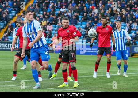 Kilmarnock, UK. 16th Mar, 2024. Kilmarnock FC played St Mirren FC at Rugby Park, Kilmarnock, Ayrshire, Scotland, UK in an important Scottish Premiership match. The final score was Kilmarnock 5 - 2 St Mirren. The scorers for Kilmarnock were Kyle Vassell (Kilmarnock 9) 61 mins and 73 mins, Daniel Armstrong (Kilmarnock 11) 65 mins, penalty, Marley Watkins (Kilmarnock 23) 68 mins and Daniel Watson (Kilmarnock 12) 79 mins. The scorers for St Mirren were Charles Dunne (St Mirren 18) 20 mins and Mikael Mandron (St Mirren 9) 39 mins. Credit: Findlay/Alamy Live News Stock Photo