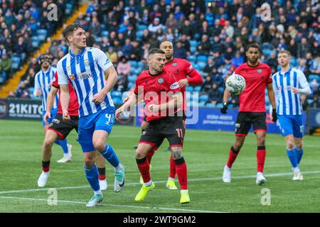 Kilmarnock, UK. 16th Mar, 2024. Kilmarnock FC played St Mirren FC at Rugby Park, Kilmarnock, Ayrshire, Scotland, UK in an important Scottish Premiership match. The final score was Kilmarnock 5 - 2 St Mirren. The scorers for Kilmarnock were Kyle Vassell (Kilmarnock 9) 61 mins and 73 mins, Daniel Armstrong (Kilmarnock 11) 65 mins, penalty, Marley Watkins (Kilmarnock 23) 68 mins and Daniel Watson (Kilmarnock 12) 79 mins. The scorers for St Mirren were Charles Dunne (St Mirren 18) 20 mins and Mikael Mandron (St Mirren 9) 39 mins. Credit: Findlay/Alamy Live News Stock Photo