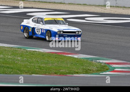 Scarperia, 2 April 2023: Ford Capri RS 3100 Cologne 1975 in action during Mugello Classic 2023 at Mugello Circuit in Italy. Stock Photo