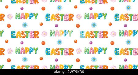 Festive pattern with the words Happy Easter in different colors, spring flowers. Fun childrens Easter design for background, find paper, wallpaper, fa Stock Vector