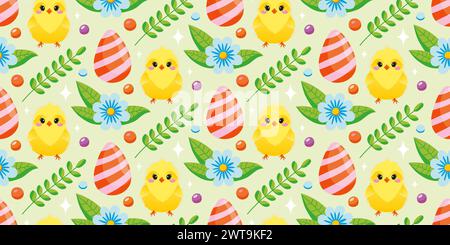 Seamless Easter pattern with painted eggs, chickens, spring flowers. The cheerful Easter design for background, find paper, wallpaper, fabric. Vector Stock Vector