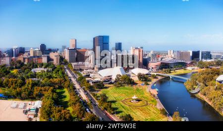 Skyline of Adelaide city CBD cityscape on shores of Torrens river in South Australia - aerial urban view. Stock Photo