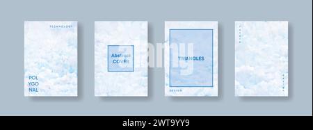 Low poly vertical abstract white and light blue flyers, collections of A4 size covers, set backgrounds, trendy, geometric, cyber polygonal and white b Stock Vector