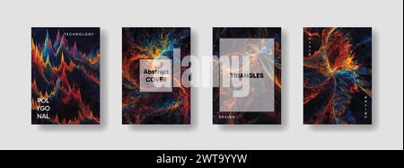 Low poly vertical abstract colorful and black flyers, collections of A4 size covers, set backgrounds, trendy, geometric, cyber polygonal and multicolo Stock Vector
