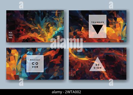 Vector low poly abstract colorful and black horizontal 16x9 presentation covers, collections of backgrounds, trendy, geometric, cyber polygonal and mu Stock Vector