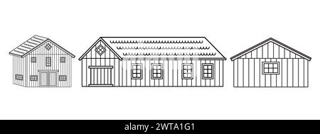 Vector set of black white line red wooden countryside barns or warehouses with doors, gates, windows, roofs. Isolated illustration of farm houses Stock Vector