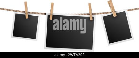 Photos hanging on rope with clothespin realistic mockup Stock Vector