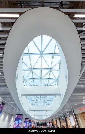 Architectural detail of a large, oval shape window on the ceiling at Fiumicino International Airport, in Italy, Europe. Stock Photo