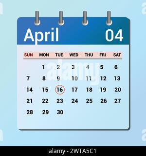 April 16. Flat icon calendar isolated on blue background. Date and month vector illustration Stock Vector