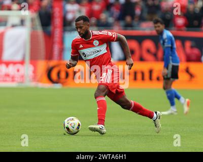 Chicago, USA, 16 March 2024. Major League Soccer (MLS) Chicago Fire FC's Kellyn Acosta (23) handles the ball against CF Montreal at Soldier Field in Chicago, IL, USA. Credit: Tony Gadomski / All Sport Imaging / Alamy Live News Stock Photo