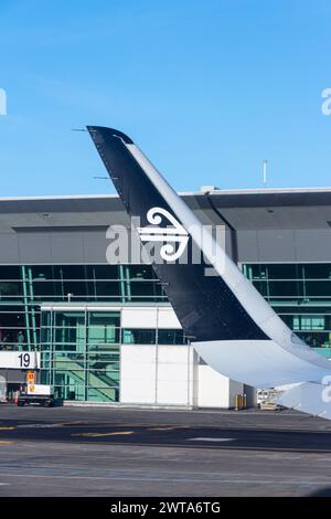 Wellington, New Zealand - February 21, 2024: Air New Zealand on the tarmac at Wellington Interntational Airport. Stock Photo