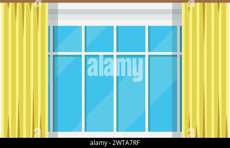 Window pane with yellow curtains hanging. Cartoon interior element Stock Vector